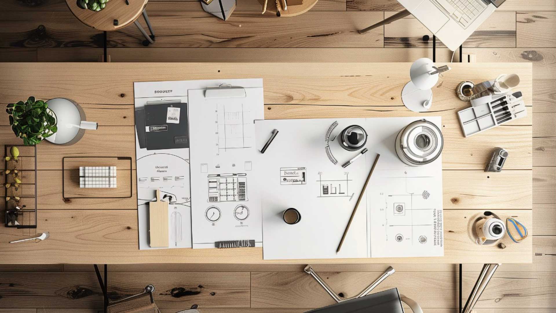 Overhead view of kitchen designer's desk