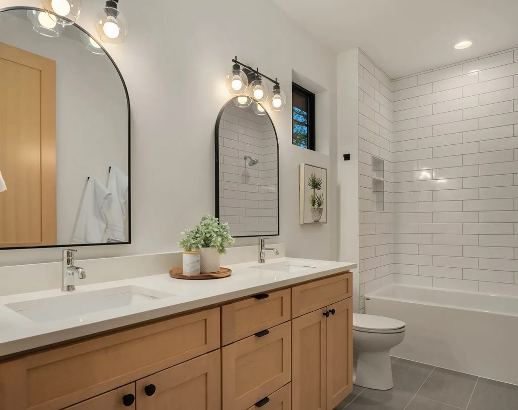 Modern bathroom with vanity and custom lights