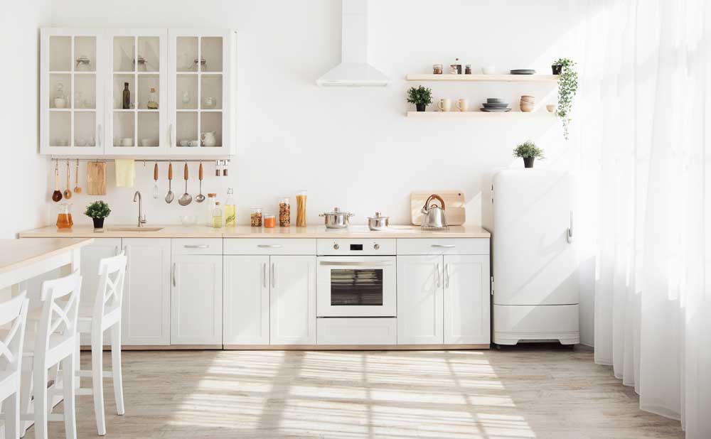 Kitchen with light walls, white furniture and shelves with crockery and plants in pots, small refrigerator in dining room scandinavian design, empty space. Modern interior with sunbeams on the floor
